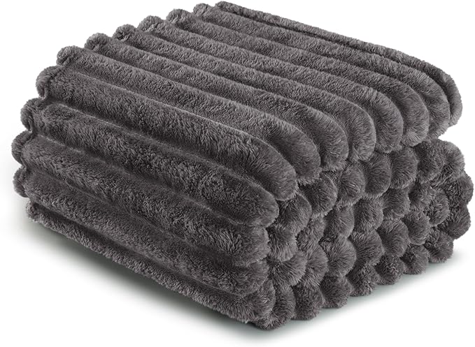 Exclusivo Mezcla Queen Size Flannel Fleece Blanket, Super Soft Striped Jacquard Bed Blanket, Lightweight Fuzzy Cozy for All Seasons, 90x90 Inches, Dark Grey