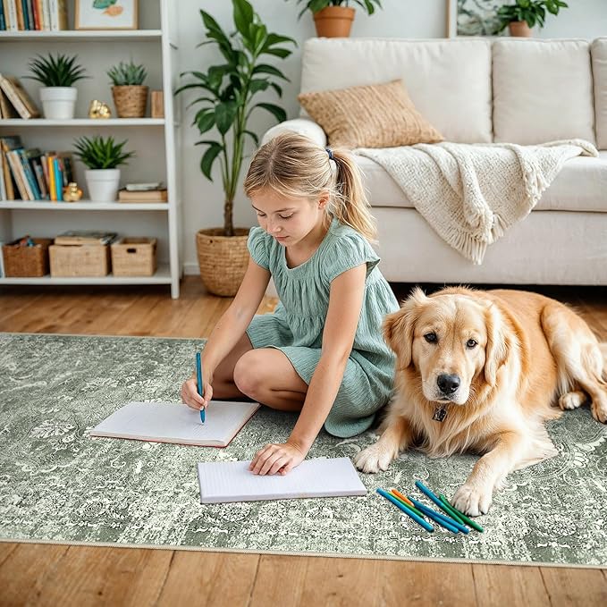 4x10 Washable Hallway Runner Rug - Wide Kitchen Runners Vintage Low Pile Carpet Soft Thin Floor Runner with Rubber Backing for Entryway Bedroom Living Room Home Decor (Muted Sage Green)