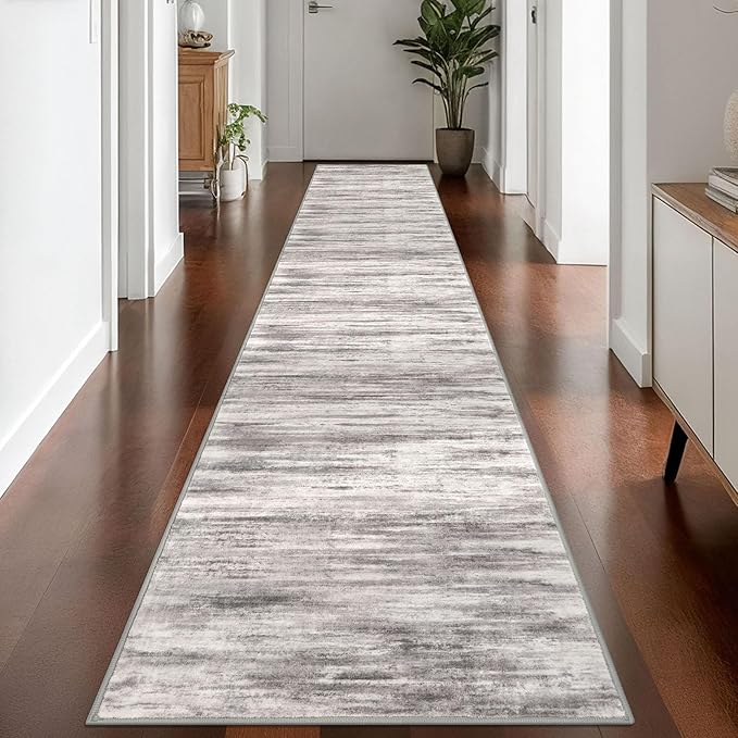 KOZYFLY Modern Abstract Washable Rug Runner 2.6x14 Hallway Rug Runner Non-Slip Soft Kitchen Runner Rugs, Grey/Light Beige/Brown Striped Carpet for Entryway Bathroom