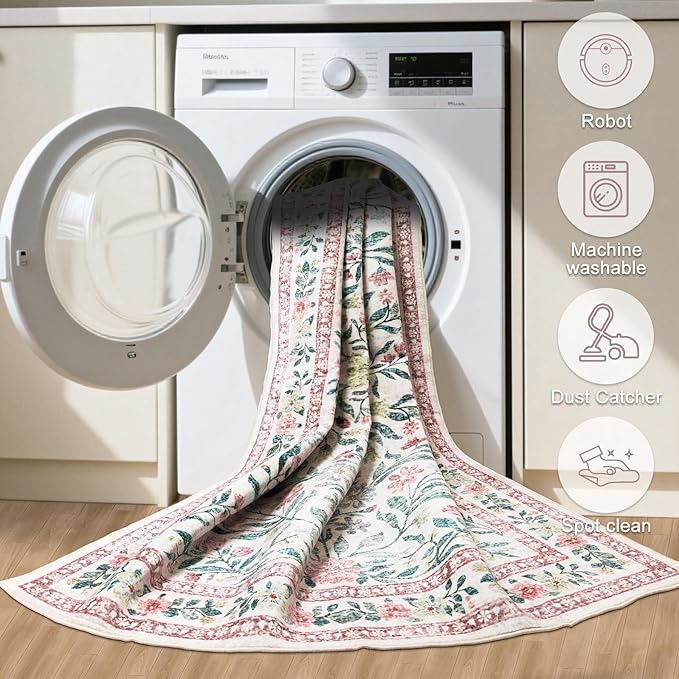 Round Area Rug for Living Room: 4 ft Floral Washable Circle Rug Soft Boho Non-Slip Carpet Indoor Stain Resistant Low Pile Small Circular Rug for Bedroom Entryway Kitchen Nursery Home Office Pink Green