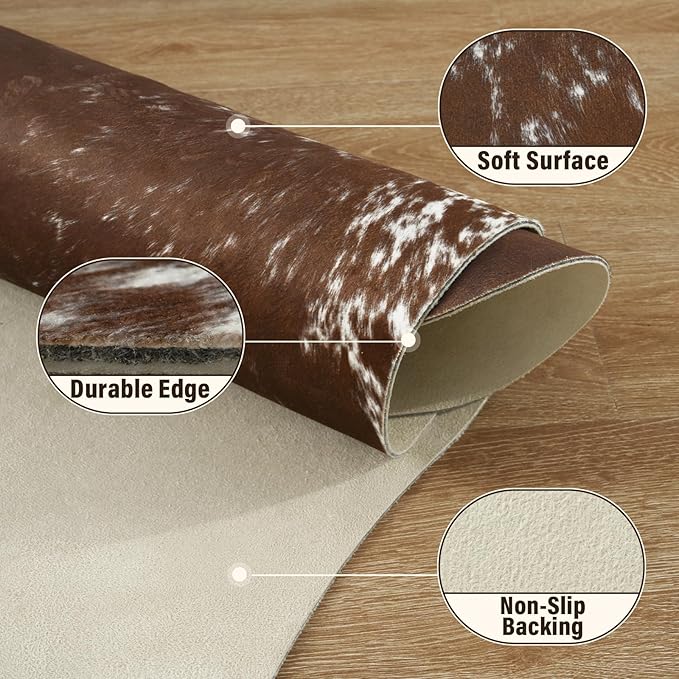 AROGAN Western Decor Faux Fur Cowhide Rug, 5.2x6.3 Feet Premium Animal Skin Cow Hide Rug, Sturdy Cow Print Rugs for Wall Decor, Western Floor Carpet for Bedroom Living Room, Spotted Brown