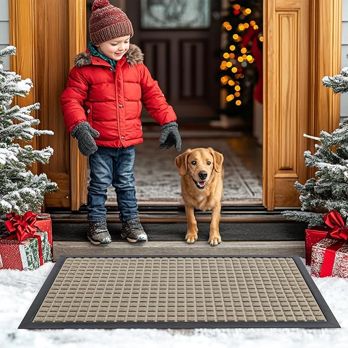 Smiry Front Door Mat Outside Entrance, Heavy Duty Natural Rubber Doormat, Non Slip, Trap Dirt and Moisture, Easy Clean, Low Profile Welcome Floor Mats for Indoor Outdoor Entry, 59x23 Inch, Beige