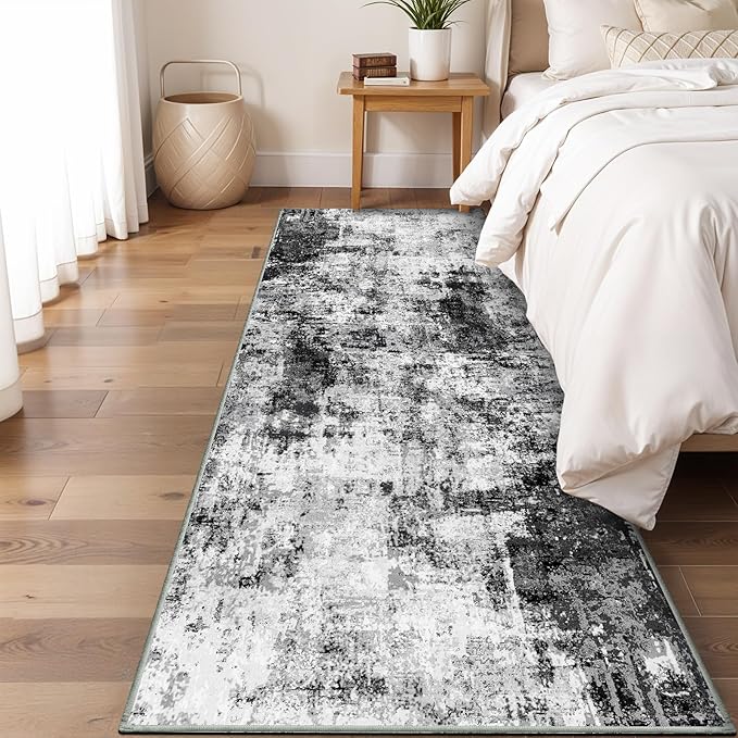 3x10 Washable Runner Rugs for Hallway: Easy-to-Clean Abstract Runners for Entryway Bedroom - Stain and Water Resistant Rugs with Non-Slip Backing - Soft Low-Pile Carpet Black Grey