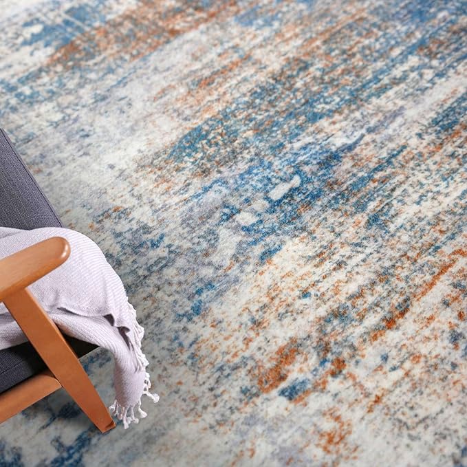 IOHOUZE Abstract Area Rug 4x6 Ft Washable Rugs for Entryway Indoor, Non Slip Small Living Room Rugs Printed Faux Wool Throw Rug, Floor Carpet for Kitchen Nursery Playroom, Blue Rust