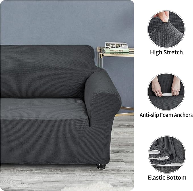 Joccun Stretch Loveseat Couch Cover Slipcover, 1-Piece Sofa Cover for 2 Cushion Couch Spandex Jacquard Washable Furniture Protector Cover for Living Room,Kids,Pets（Loveseat,Charcoal）