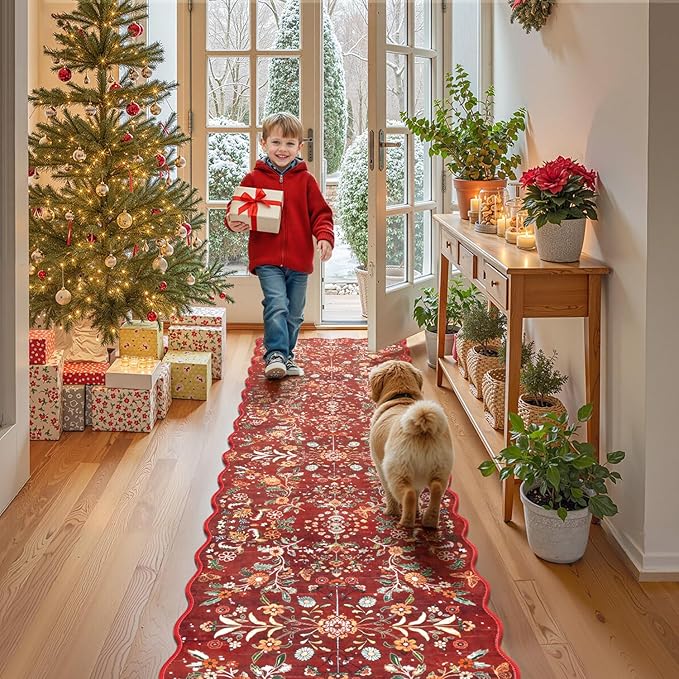 Yamaziot Christmas Runner Rug 2x8 – Red Floral Washable Non-Slip Carpet Runner Christmas Holiday Decor, Soft Low Pile Christmas Rug for Hallway, Kitchen, Entryway