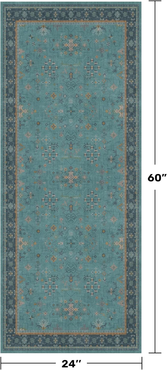 Teal Boho 2x5 Non Slip Small Kitchen Rug Runner - Washable Low Pile & Soft Carpet for Bathroom, Bedroom Beside Bed, Non Skid Floral Vintage Rugs for Laundry Room, Entryway