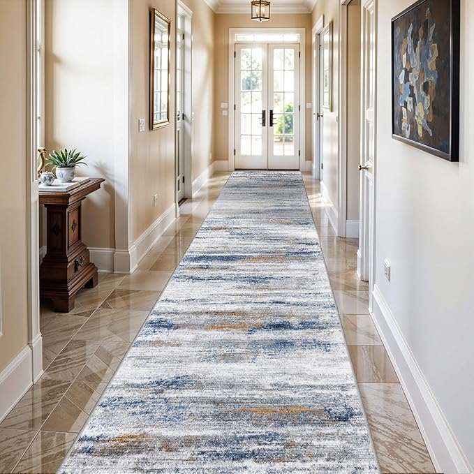 3x20 Washable Hallway Runner Rug: Extra Long Runners for Entryway Living Room Dining Room - Stain and Water Resistant Rugs with Non-Slip Backing - Soft Low-Pile Carpet 20ft Navy Grey