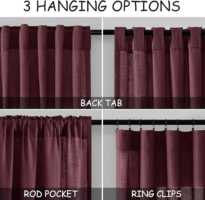Nanspring Burgundy Linen Curtains Semi Sheer 96 Inches Long 2 Panels Set for Living Room Back Tab Rod Pocket Light Filtering Drape for Bedroom Modern Farmhouse Coastal Decor Protect Privacy 52x96