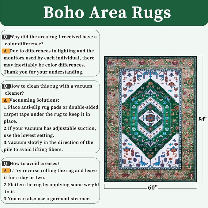 SERISSA 5x7 Boho Area Rug, Washable Non-Slip Rugs for Living Room, Large Green White Rug Ultra Soft Vintage Oriental Print Distressed Carpet for Bedroom Dining Room Dorm Office Home Decor