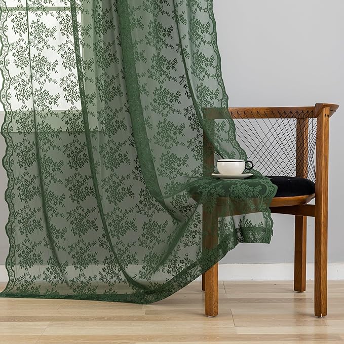 YJ YANJUN Vintage Lace Curtains 84 Inches Long- Country Olive Green Boho Sheer Curtains for Living Room Bedroom Scalloped Light Filtering Christmas Décor 2 Panels Set W52 X L84 Dark Forest