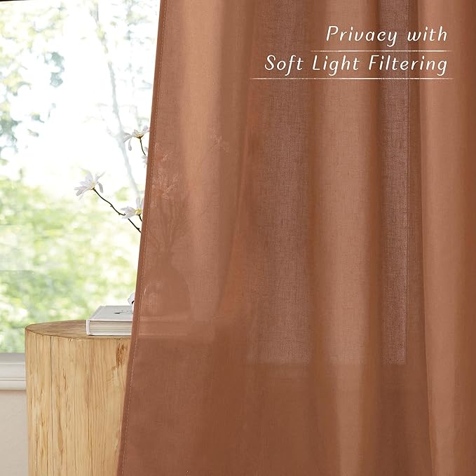 NICETOWN Caramel Linen Curtains for Kitchen, Thick Flax Small Window Treatments Semi Sheer Privacy Assured with Light Through for Cafe/Bathroom, W42 x L84, 2 Panels