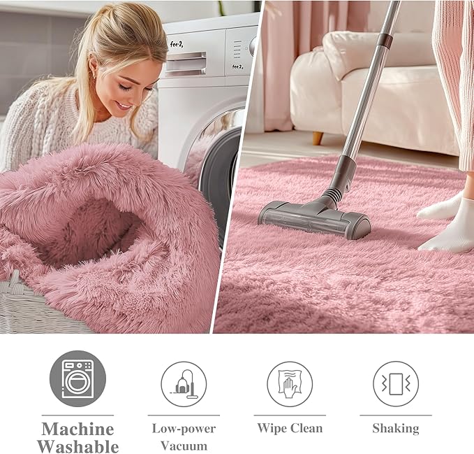 OLANLY Pale Pink Round Rugs for Bedroom - Machine Washable, 9 ft Circle Area Rugs for Living Room, Soft and Fluffy Shaggy Carpet for Teen Girls and Boys, Nursery Rooms, Dorms, Home Decor Aesthetic