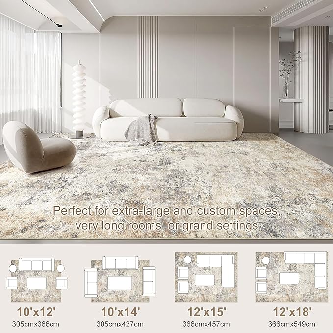 UERMEI 10x12 Area Rug Living Room Rugs - Washable Neutral Modern Abstract Soft Thin Large Rug Indoor Floor No Slip Rug Carpet for Bedroom Under Dining Table Home Office Decor - Golden Grey