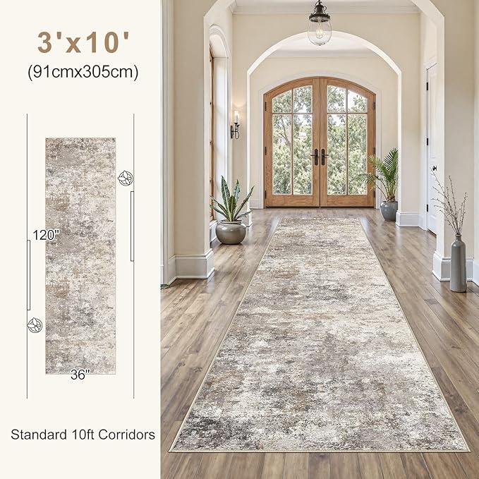 UERMEI 3X10 Washable Runner Rug for Hallway: Soft Neutral Modern Abstract Area Rug - Non-Slip Low Pile Long Throw Indoor Carpet for Kitchen Entryway Kitchen Bedroom Laundry- Brown Grey