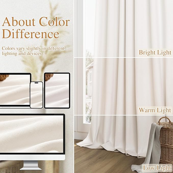 Ivory 100% Blackout Linen Curtains 63 Inch Length 2 Panels Set for Living Room Bedroom Back Tab Thermal Insulated Black Out Drapes Room Darkening Farmhouse Style for Bedroom Window Curtains 52x63