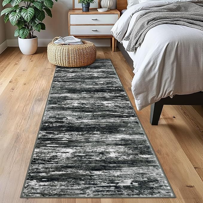 KOZYFLY Modern Abstract Washable Rug Runner 2x7 Hallway Runner Rug Non-Slip Soft Kitchen Runner Rugs, Print Black Grey Striped Carpet Runner for Entryway Bathroom Laundry Room Foyer