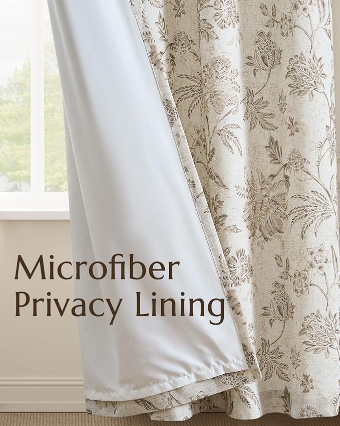 jinchan Lined Linen Floral Curtains for Living Room, 63 Inch Length Printed Flower Farmhouse Patterned French Country Back Tab Taupe Window Drapes Set Privacy Bedroom Curtains, 2 Panels