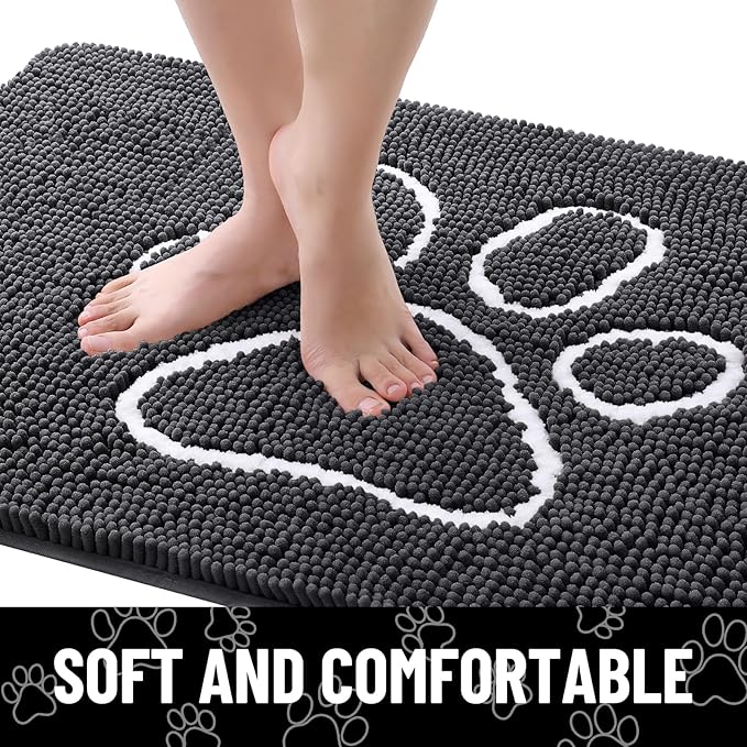 Smiry Dog Door Mat for Muddy Paws, Absorbent Dirt Trapper Non Slip Quick Dry Washable Chenille Mat for Mud Dogs, Entry Rug for Indoor and Outdoor (59x35 Inches, Dark Grey and White)