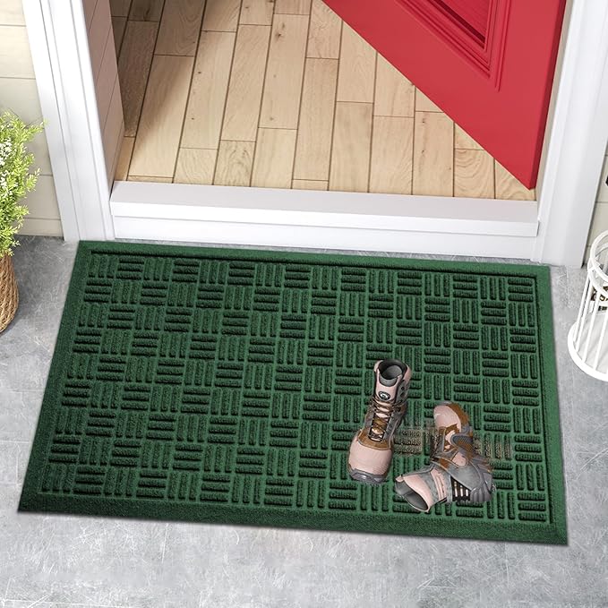 Mibao Front Door Mat Indoor Outdoor Entrance, Dirt Trapping Waterproof All-Season, All-Weather Doormat, Non-Slip Durable Natural Rubber Low Profile Easy Clean Patio Entrance Mat, 29.5" x 17", Green