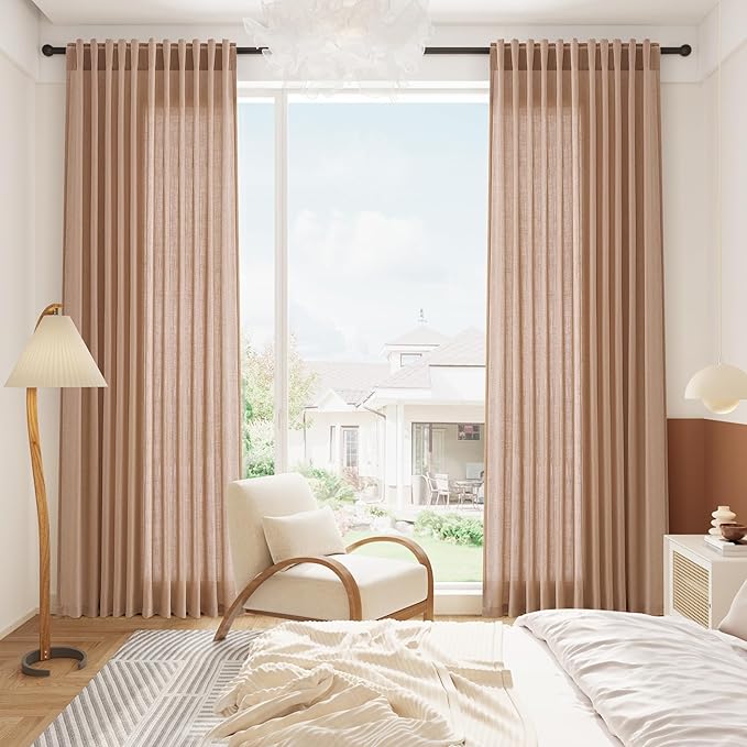 Nanspring Peach Linen Curtains 96 Inches Long Set for Baby Girl Bedroom Back Tab Rod Pocket Semi Sheer Light Filtering Drape for Bedroom Home Decor Protect Privacy 52x96,2 Panels