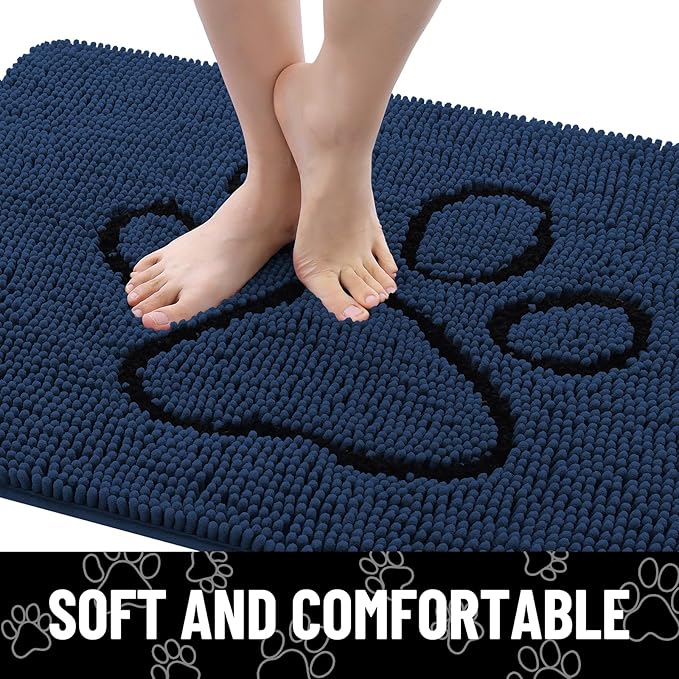 Smiry Dog Door Mat for Muddy Paws, Absorbent Dirt Trapper Non Slip Quick Dry Washable Chenille Mat for Mud Dogs, Entry Rug for Indoor and Outdoor (30x20 Inches, Dark Blue and Black)