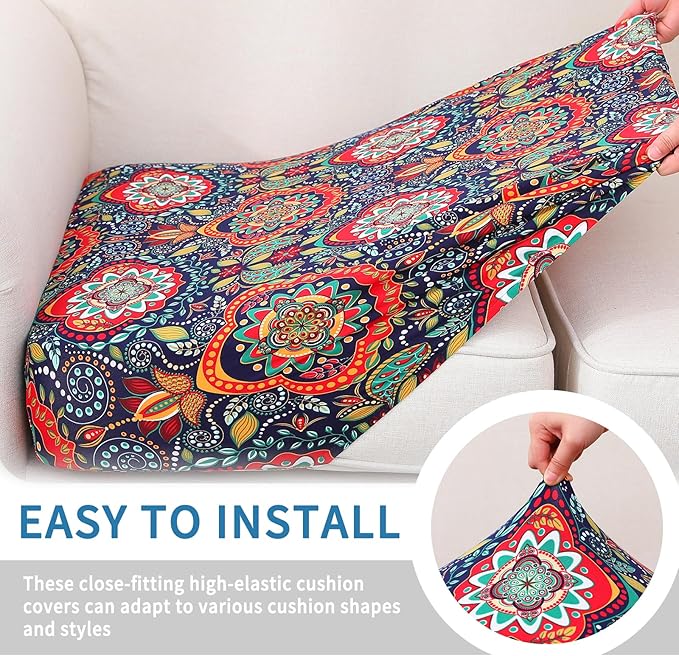 hyha Printed Couch Cushion Covers, Floral Sofa Covers Washable for 3 Cushion Couch, Stretch Pattern Outdoor Cushion Covers for Patio Furniture with Elastic Bottom(Large, Mandala Floral)