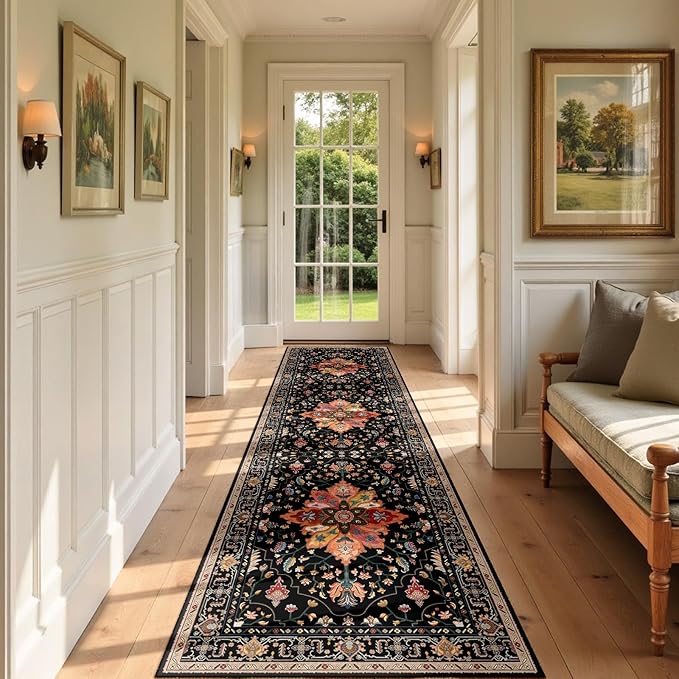 Area Rugs 3'x9' Runner Rug Non Slip Washable for Kitchen Hallway Bedroom Beside Laundry Room Bathroom Rug, Floor Carpet, Black Colorful Floral Dark Tan