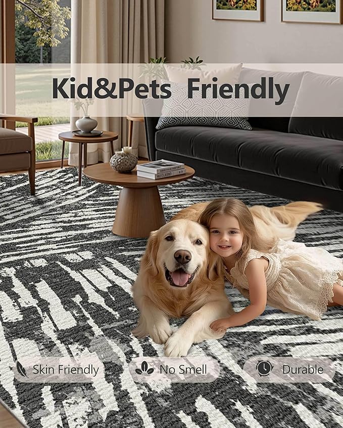 Latte&Fog 6x9 Area Rugs for Living Room Bedroom, Modern Abstract Washable Rug, Boho Non Slip Low Pile Carpet for Indoor Dining Room,Dorm, Classroom, College Dorm,Farmhouse and Kids Room - Black White