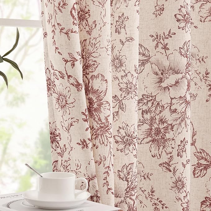 jinchan Lined Linen Blend Curtain Floral Curtains for Living Room 108 Inches Long Farmhouse Red Flower Printed Curtain Rod Pocket Back Tab Peony Patterned Drapes Curtains Set 2 Panels