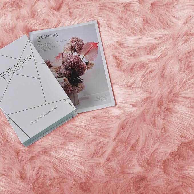 Goolela Pink Round Rug 6ft Circle Fluffy Fuzzy Furry Carpet for Girls Bedroom Faux Sheepskin Fur Plush Soft Washable