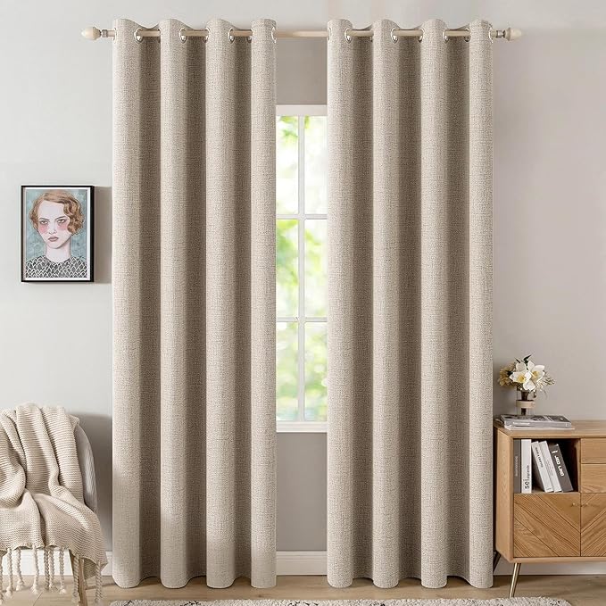 MIULEE 100% Blackout Linen Textured Curtains for Bedroom Solid Thermal Insulated Taupe Grommet Room Darkening Curtains & Drapes Luxury Decor for Living Room Nursery 52 x 84 Inch (2 Panels)