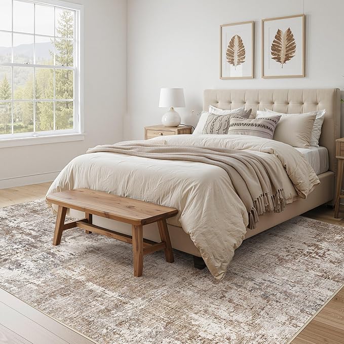 UERMEI Square Area Rugs : Washable 8x8 Neutral Modern Abstract Carpet for Living Room Bedroom - Soft Floor Mat with Non Slip Backing for Kitchen Nursery Dorms Farmhouse Home Decor - Brown/Grey/Red