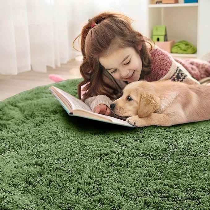 OLANLY Green Round Rugs for Bedroom - Machine Washable, 5 ft Circle Area Rugs for Living Room, Soft and Fluffy Shaggy Carpet for Teen Girl and Boys, Nursery Rooms, Dorms, Home Decor Aesthetic