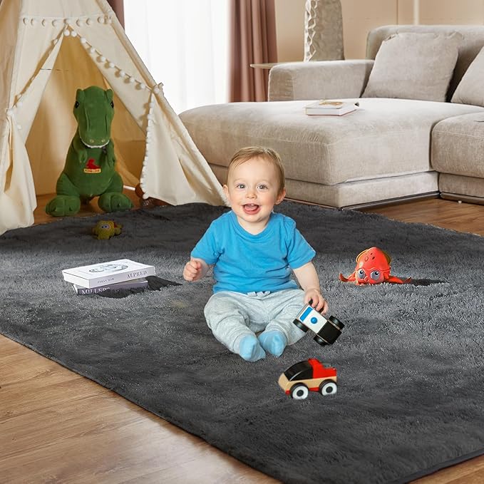 Soft Shag Area Rug for Living Room and Bedroom Decor, 5x7 Feet Solid Gray Non-Slip Indoor Carpet for Kids Boys Girls Dorm Nursery, Large Aesthetic Floor Rug