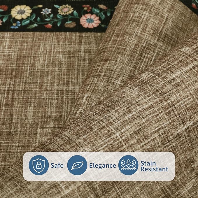 GarveeHome Washable Living Room Rug 9x12 Floral Bordered Area Rugs Soft Thin Indoor Carpet for Bedroom Modern Throw Aesthetic Mat Non Slip Stain Resistant Carpet for Dining Room Office, Brown