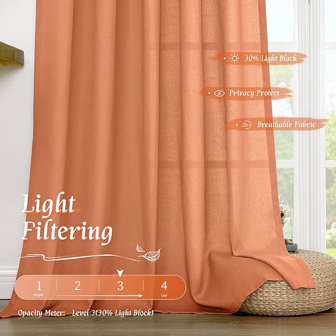 LAMIT Short Linen Curtains 45 Inches Long for Cafe 2 Panels, Terracotta Light Filtering Privacy Panels Rod Pocket Neutral Fall Decor Drapes for Bedroom/Window/Loft Room, 42 x 45 Inch