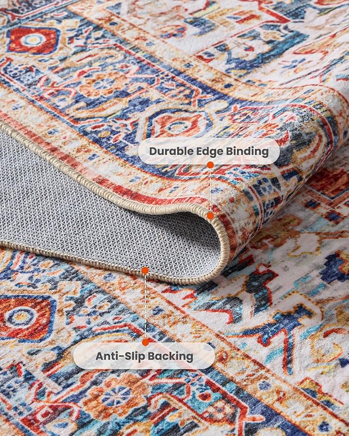 AMADA HOMEFURNISHING 8x10 Washable Area Rug, Low-Profile Large Area Rug with Non-Slip Backing & Durable Edge Binding, Vintage Large Rugs for Living Room, Bedroom, Dinning Room