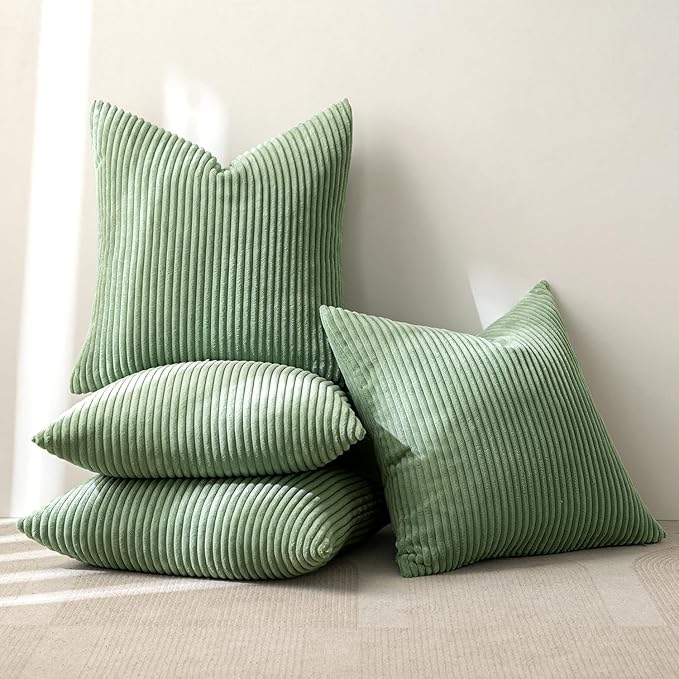 MIULEE Boho Farmhouse Throw Pillow Covers 18x18 Inch Set of 4 Mordern Nordic Cushion Covers Soft Corduroy Spring Home Decor for Couch Bed Sofa Living Room Sage Green