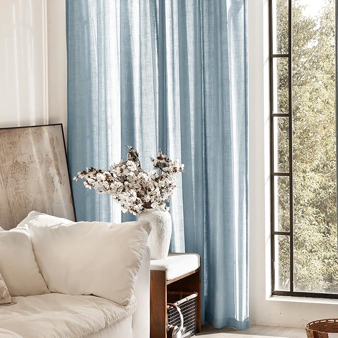 Dusty Blue Linen Curtains 84 inch Long for Living Room Back Tab Light Filtering Semi Sheer Light Blue Bedroom Curtains Linen Cotton Textured Grey Blue Drapery Panel Airy Modern Aesthetic Decor