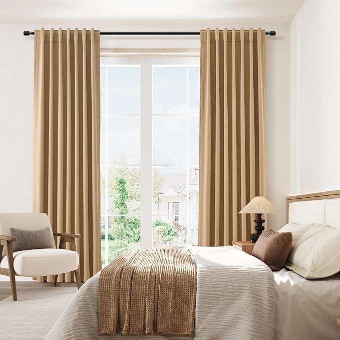 Guken 100% Blackout Linen Curtains 120 Inch Length 2 Panels Set for Living Room Bedroom Back Tab Thermal Insulated Black Out Linen Drapes Room Darkening Window Curtains,Camel Brown
