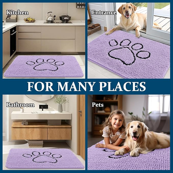 OLANLY Dog Door Mat for Muddy Paws 48x30, Paw Print Design, Absorbs Moisture and Dirt, Absorbent Non-Slip Washable Doormat, Quick Dry Chenille Mud Mat for Dogs, Entry Indoor Entryway Carpet, Lavender