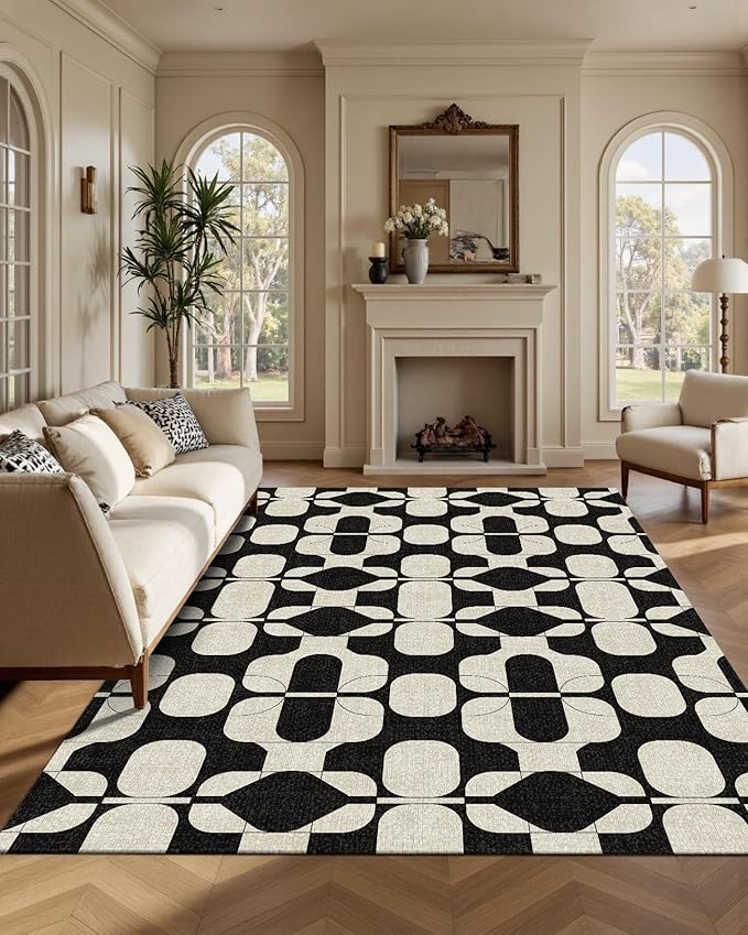 Latte&Fog 5x7 Area Rugs for Living Room Bedroom, Black Vintage Washable Rug, Boho Non Slip Low Pile Carpet for Dining Room, Dorm, Classroom, College Dorm, Farmhouse and Home Office - Black Beige