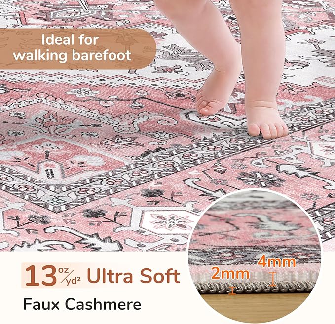 OPPODREAM Soft 6x9 Area Rugs, Washable Rug 6x9 with Non Slip Backing, Faux Cashmere Low-Pile 6 x 9 Carpet, Pink & Cream