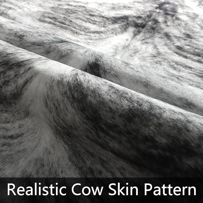 AROGAN Western Decor Faux Fur Cowhide Rug, 4.6 x 5.2 Feet Premium Animal Skin Cow Hide Rug, Sturdy Cow Print Rugs for Wall Decor, Western Floor Carpet for Bedroom Living Room, Black and Grey
