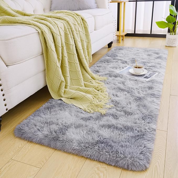 Chicrug Cute Fluffy Area Rug for Girls Bedroom, 2x6 Feet Fluffy Kids Rug for Room Decor, Shag Soft Dorm Playroom Rug, Bedside Rugs for Baby Nursery Room, Grey