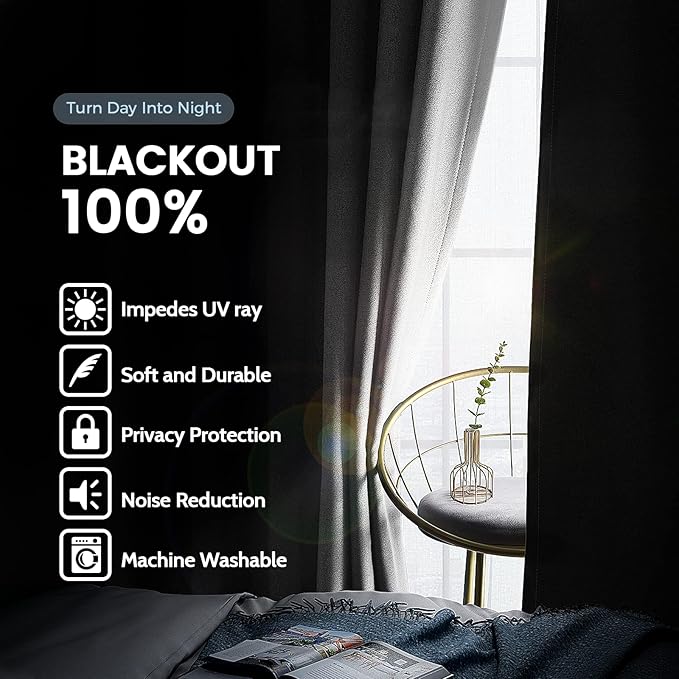 SimpleHome 100% Blackout Curtains for Bedroom,Thermal Insulated Grommet Window Drapes Room Darkening White Curtains for Living Room with Black Back,42 x 63 Inch,2 Panels