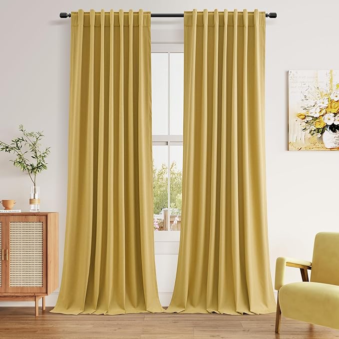Gold 100% Blackout Linen Curtains 84 Inch Length 2 Panels Set for Living Room Bedroom Back Tab Thermal Insulated Black Out Drapes Room Darkening Farmhouse Style for Bedroom Window Curtains 52x84