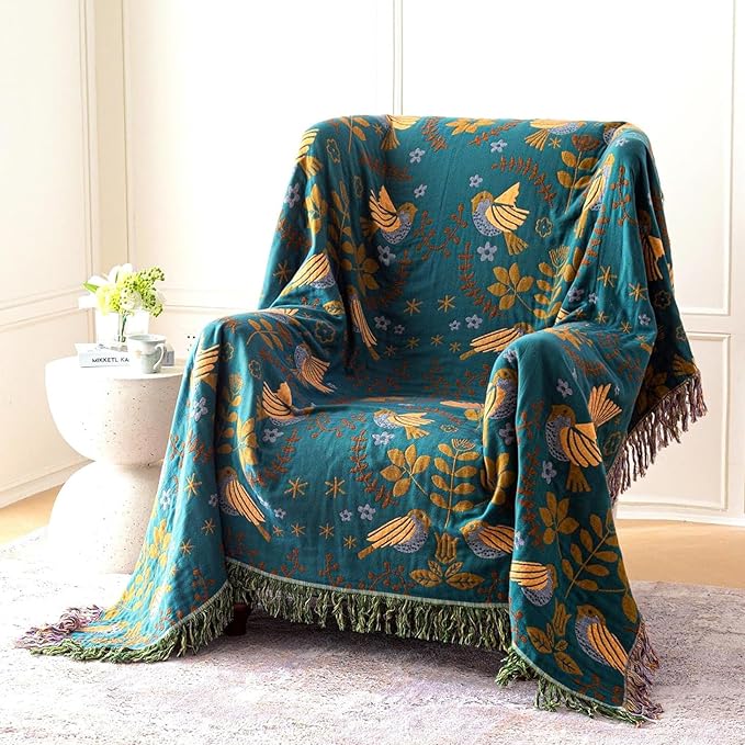 MSGKV Boho Throw Blanket 50"x60" Cotton Blanket for Couch and Sofa Cover for Living Room Spring Throw Decorative Woven Bird Blankets