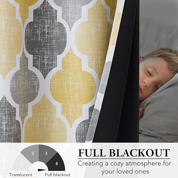 Beauoop 100% Blackout Curtains 72 Inches Long 2 Panels for Bedroom Living Room Yellow Grey Moroccan Geo Room Darkening Thermal Insulated Soundproof Grommet Top Window Treatments Drapes, 50x72 Set of 2
